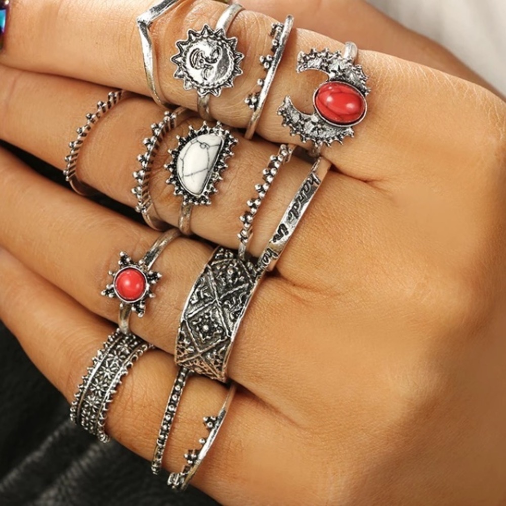14 pieces set antique silver red stone rin…